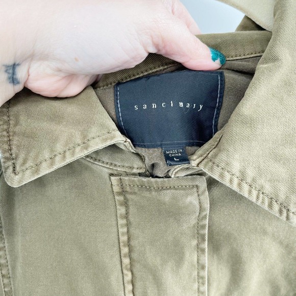 Sanctuary Street Smart Denim Utility Jacket Sz L Green Belted Collared Pockets - Picture 10 of 11